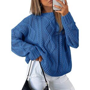 Women's Trendy Azure Blue Sweaters Shirt Style Winter Cozy Cable Knit Crewneck